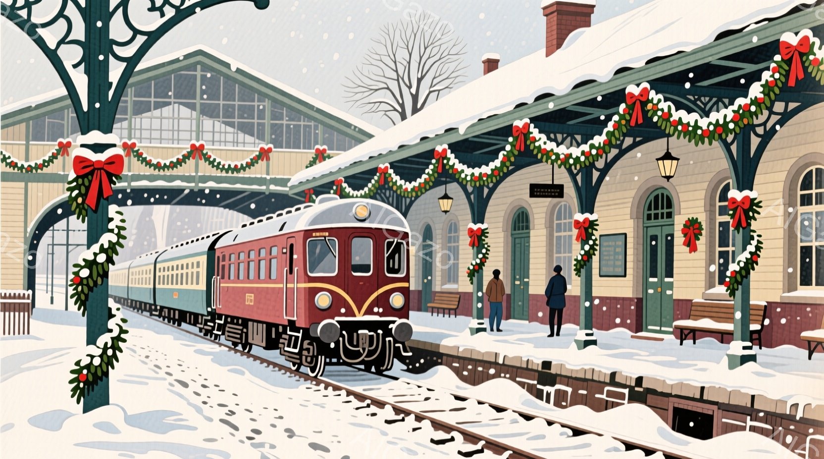 雪が降り積もる鉄道駅に、赤とクリーム色の列車が停車している。駅のプラットフォームには飾り付けが施され、クリスマスの雰囲気を醸し出しており、片方の端に立つ男性は黒いコートと帽子を着用し、背中を向けて立っ - AI生成フリー素材