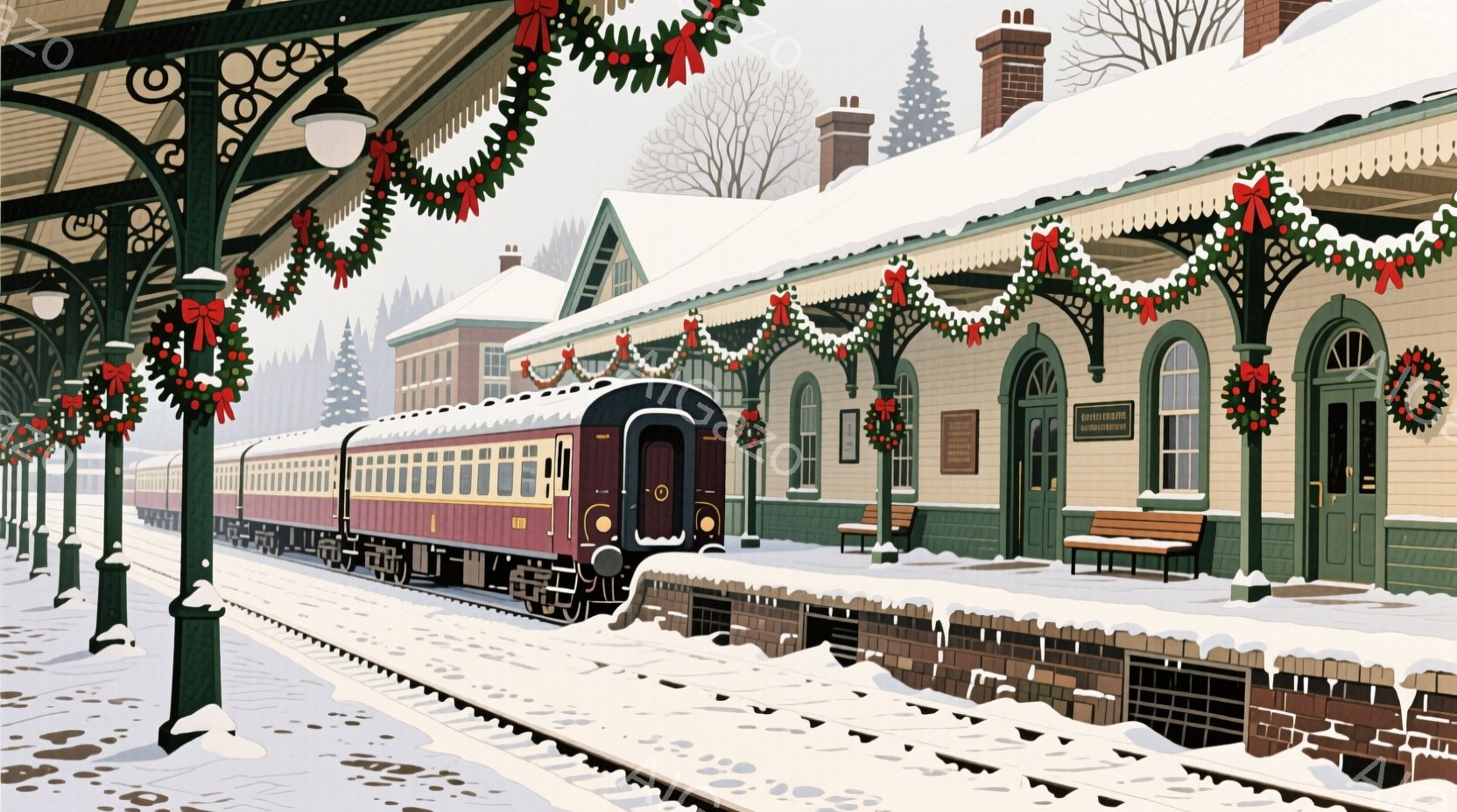 雪に覆われたプラットフォームには、緑と赤の装飾が施された列車が停車しており、クリスマスの雰囲気を醸し出しています。駅舎はレンガ造りで、クリスマスリースやガーランドで華やかに飾られ、冬の風景と相まってノ - AI生成フリー素材