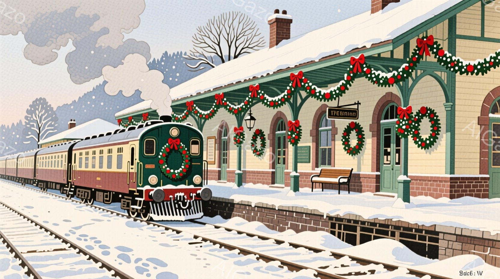 雪に覆われたプラットフォームに、クリスマス装飾が施された緑色の蒸気機関車が停車している。駅舎はレンガ造りで、クリスマスリースや装飾が施され、冬の暖かい雰囲気を醸し出している。背景には雪をまとった山々が - AI生成フリー素材