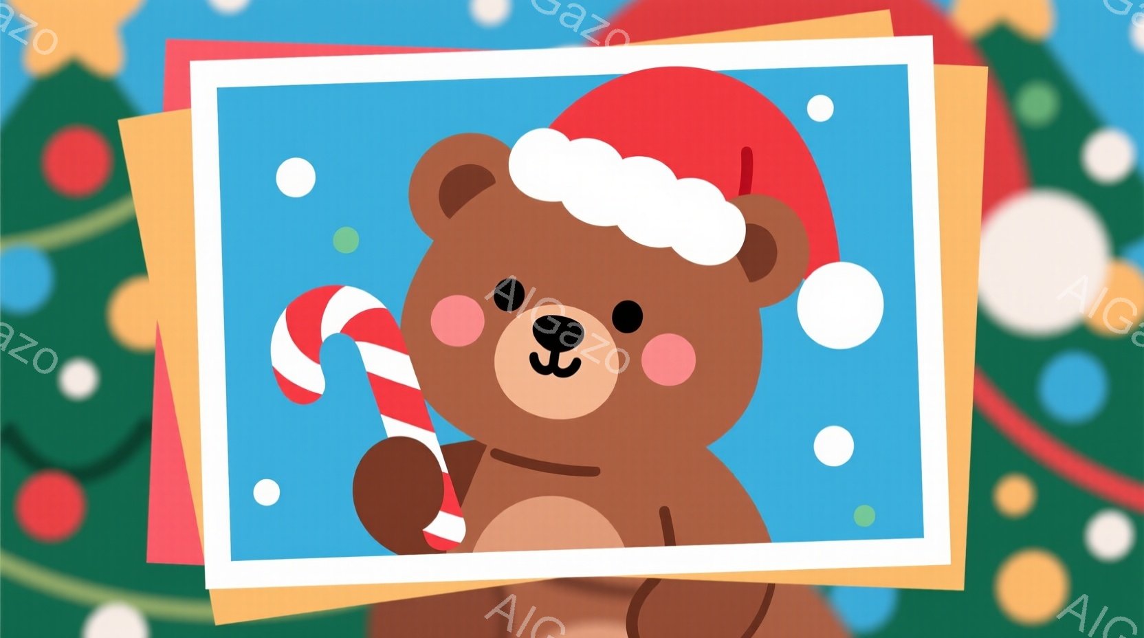 チョコレート色のクマが、白い縁の四角いフレームの中に描かれています。クマは赤いサンタ帽をかぶり、片手にペパーミントキャンディを持っており、優しい笑顔を浮かべています。背景は水色のグラデーションで、白い - AI生成フリー素材