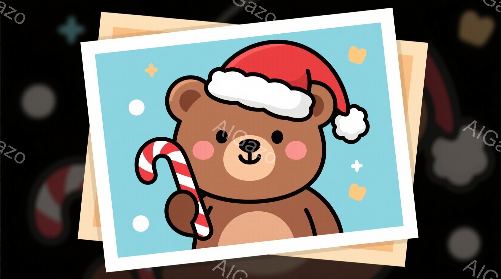 可愛らしい茶色のクマが、赤いサンタ帽をかぶってキャンディケーンを持っています。クマは少し頬を赤らめていて、優しい表情をしています。背景は水色の空で、白い水玉模様とキラキラした星が散りばめられ、全体的に - AI生成フリー素材