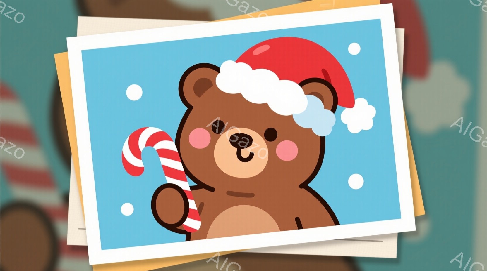 茶色のクマが白い背景に描かれており、赤いサンタ帽をかぶっています。クマは片手にキャンディケーンを持ち、頬を赤らめて微笑んでいます。背景には白い雪のようなものが散りばめられており、全体的に温かく可愛らし - AI生成フリー素材