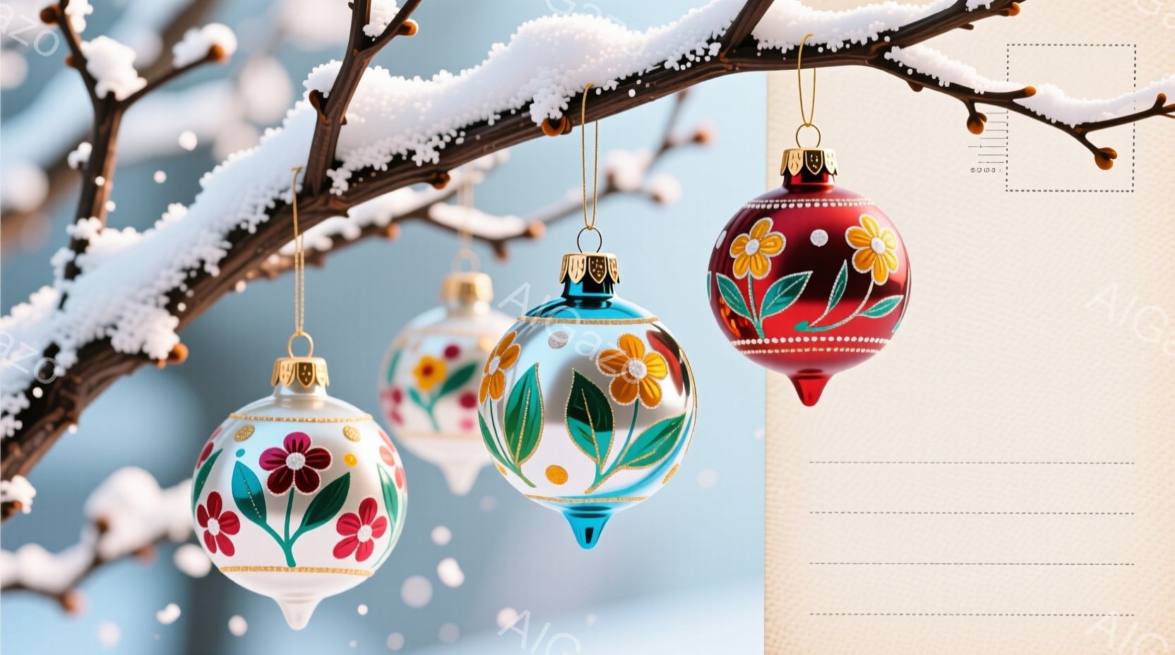 枝に雪が積もり、クリスマスのオーナメントがいくつかぶら下がっています。オーナメントはそれぞれ異なる色と花の模様が描かれており、赤、青、白の色合いが特徴的です。背景はぼかしたブルーで、冬の穏やかな雰囲気 - AI生成フリー素材