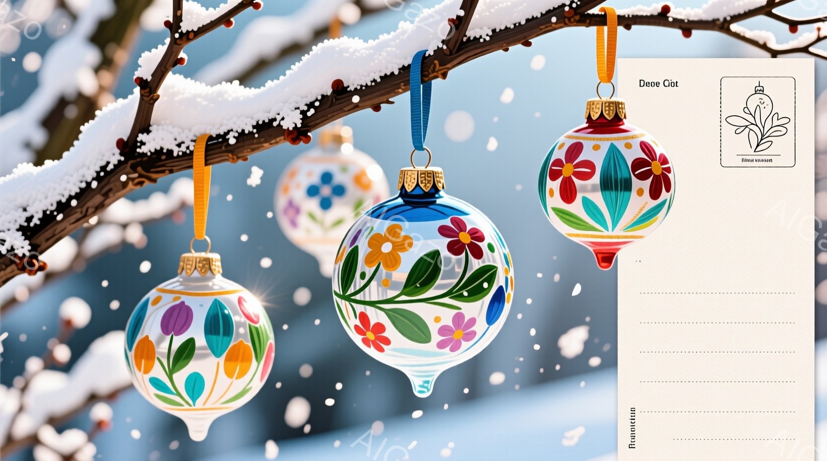 鮮やかな色合いのクリスマスオーナメントが雪の積もった木の枝に吊るされています。各オーナメントは、花や葉の繊細な模様が描かれており、背景にはぼやけた雪景色が広がっています。全体的に、暖かく、お祝いの雰囲 - AI生成フリー素材