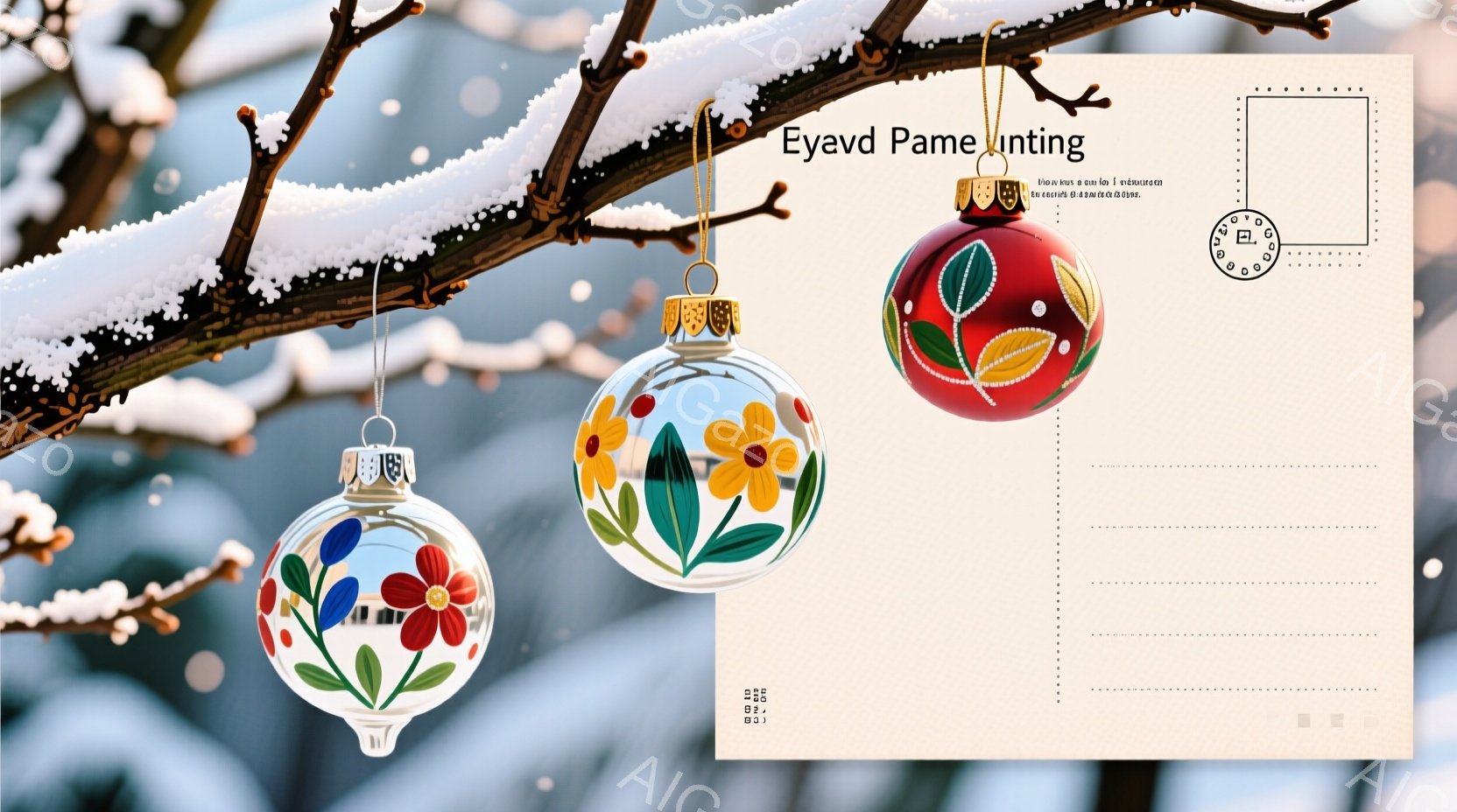 雪に覆われた木の枝に飾られた3つのクリスマスのオーナメントが写っています。それぞれが透明な球体で、鮮やかな色彩の花柄が描かれており、赤、黄色、そしてピンクの花が特徴的です。背景は雪景色で、オーナメントと雪のコントラストが冬の温かく幻想的な雰囲気を醸し出しています。