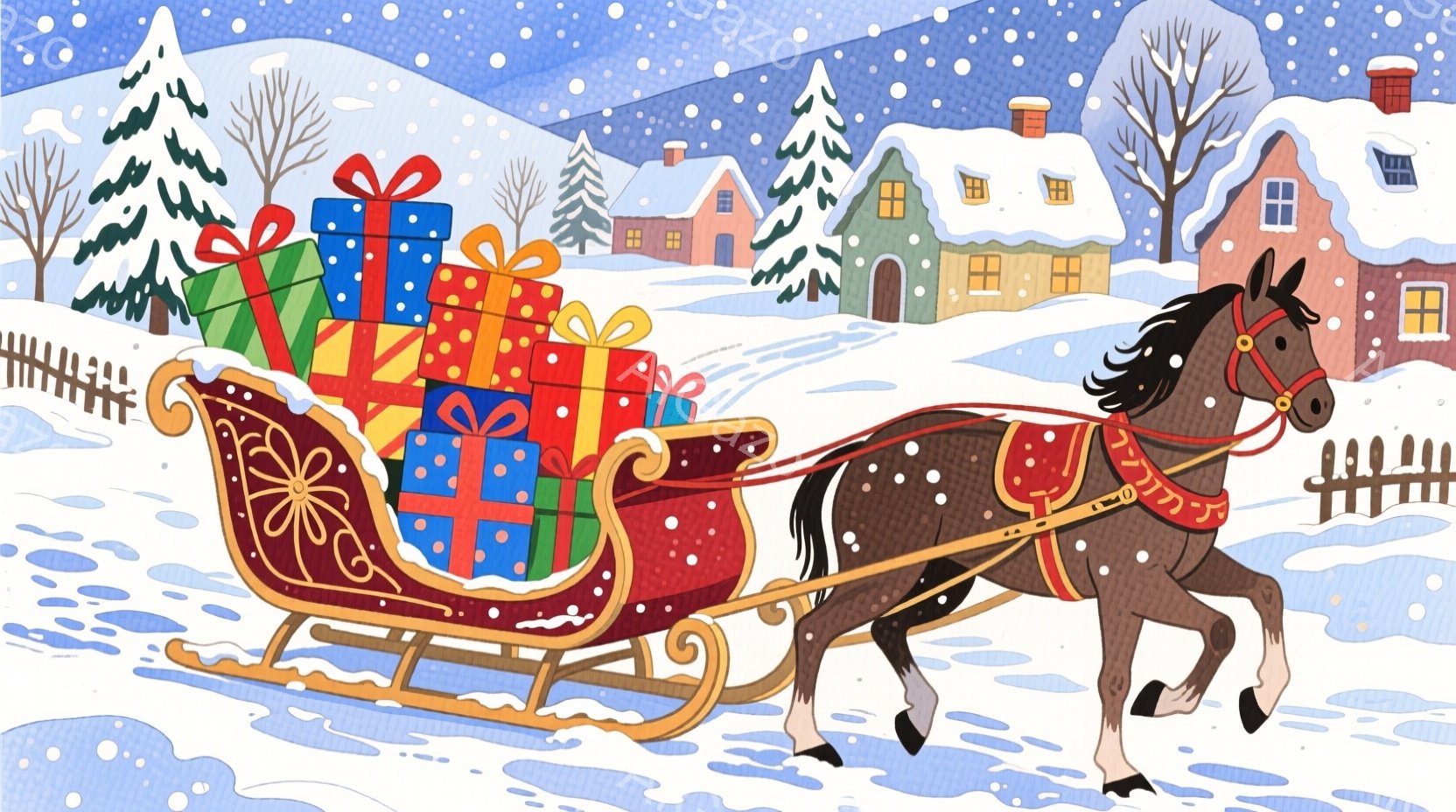 赤茶色の馬が赤いそりを引いており、そりにはカラフルなプレゼントがぎっしりと積まれています。背景には雪で覆われた家々が並び、遠くには雪山が見え、雪が舞う冬の風景が描かれています。全体的に温かく、お祭りや - AI生成フリー素材