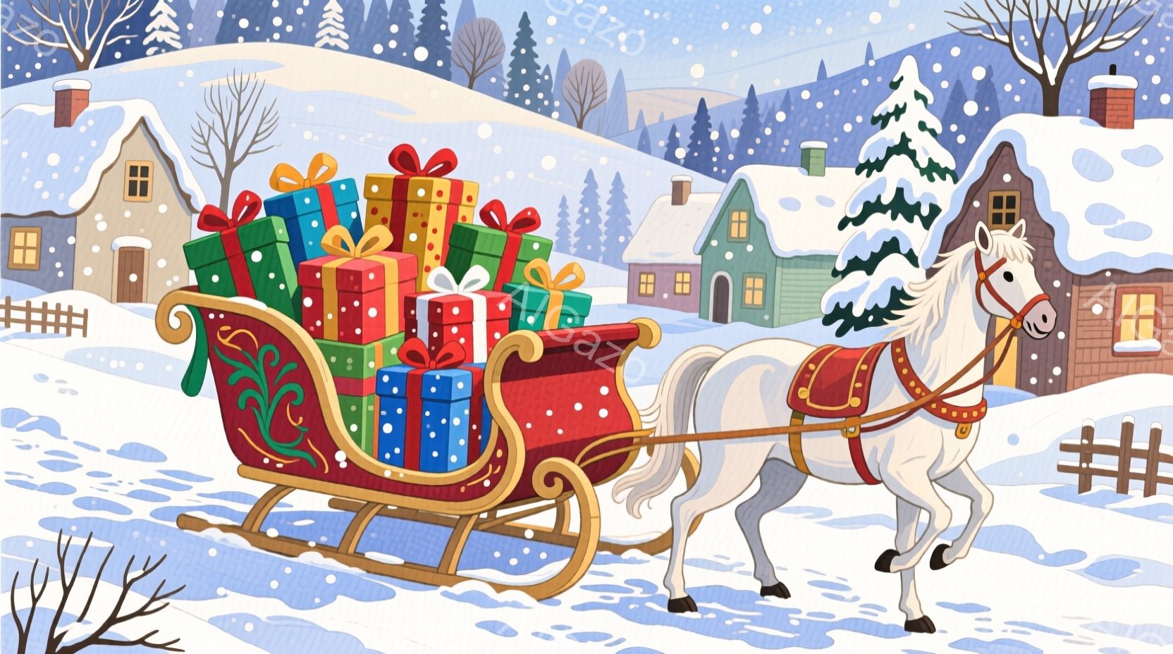 白い馬が赤いソリを引いて雪の中を走っている。ソリには色とりどりのプレゼントが山積みにされており、背景には雪景色の中に可愛らしい家々が見える。全体的に暖かく、クリスマスの喜びと穏やかな雰囲気が漂っている - AI生成フリー素材