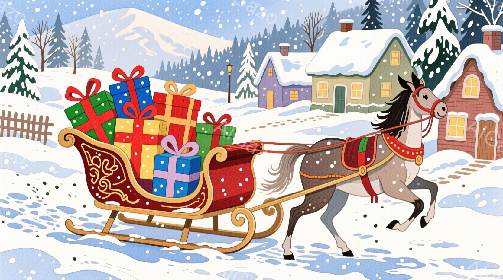 雪が降る冬の風景で、灰色の馬が赤いそりを引いています。そりにはカラフルなリボンで飾られたプレゼントが積み重ねられ、背景には雪で覆われた屋根の家々が並び、遠くには雪山が見えます。全体的に、暖かく、お祝い - AI生成フリー素材