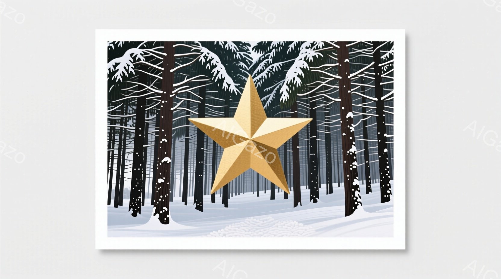 雪に覆われた森林の中に、巨大な金色の星が立っている様子が描かれています。背景は暗い緑色の針葉樹林で、雪が降り積もっており、静寂で神秘的な雰囲気を醸し出しています。星は光沢があり、雪景色の中で際立って見 - AI生成フリー素材