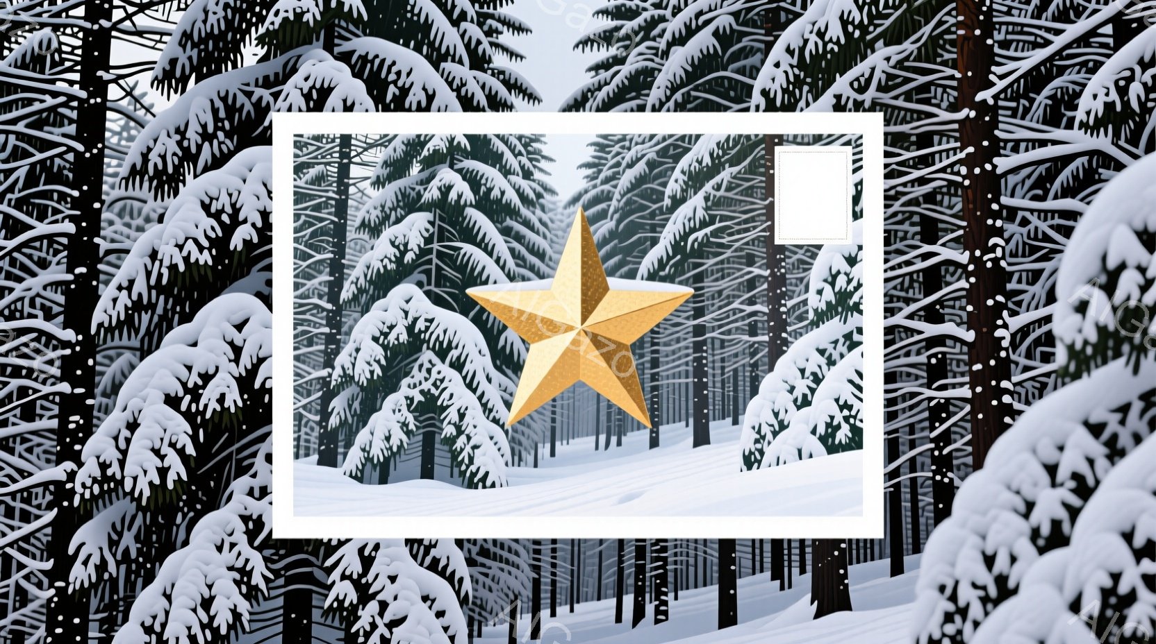 吹雪の中、雪に覆われた森林の中に、きらめく金色の星が浮かび上がっています。深い緑の木々は雪の重みでうつむき、背景はぼやけた白と緑で覆われた冬の風景です。全体の雰囲気は静かで神秘的であり、凍てつくような - AI生成フリー素材