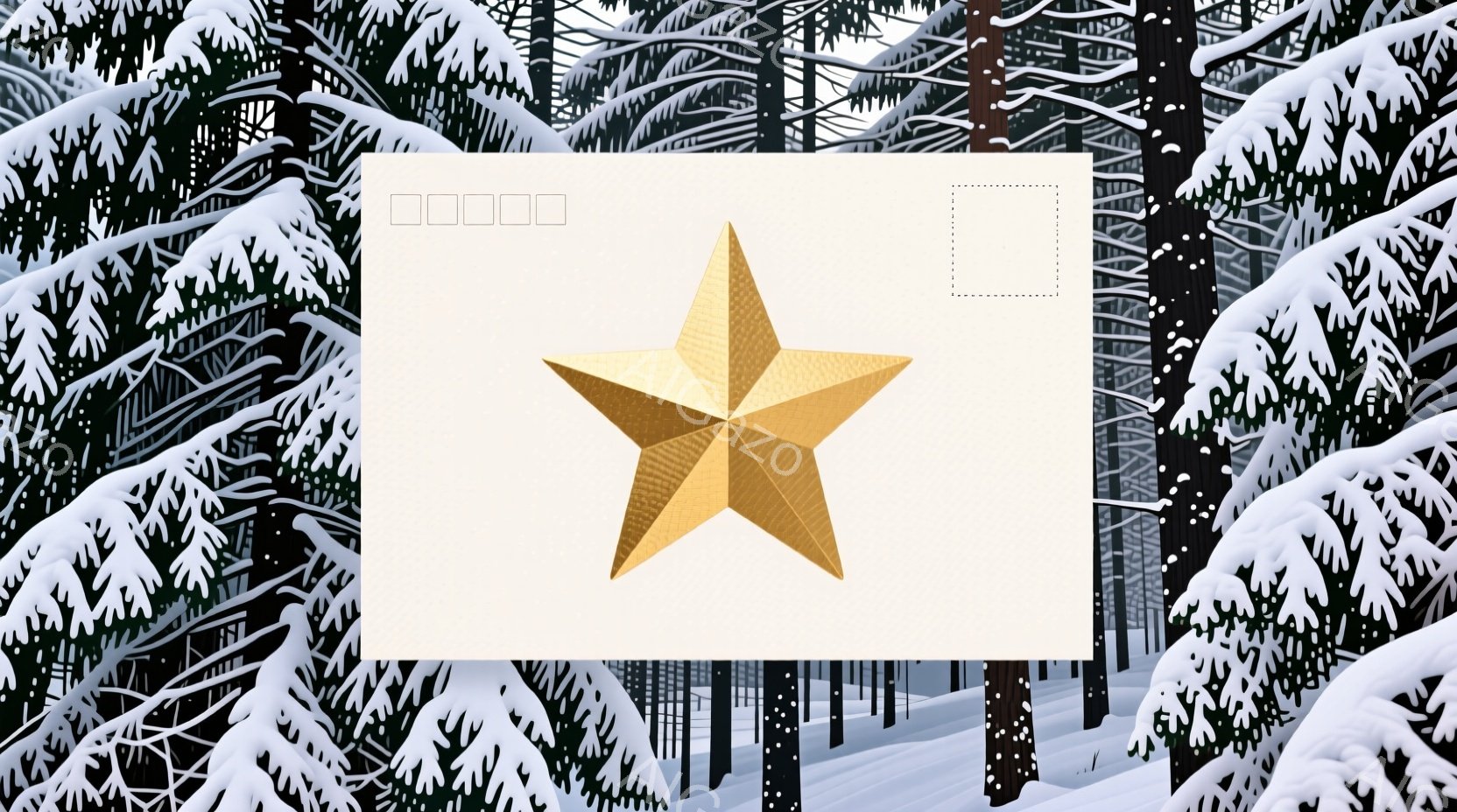 雪が降る冬の風景の中に、プレゼントの箱を開けようとしている子犬が描かれています。子犬は茶色と白の毛並みで、嬉しそうな表情を浮かべ、前足でプレゼントを抱えています。背景には雪に覆われた木々があり、全体的 - AI生成フリー素材