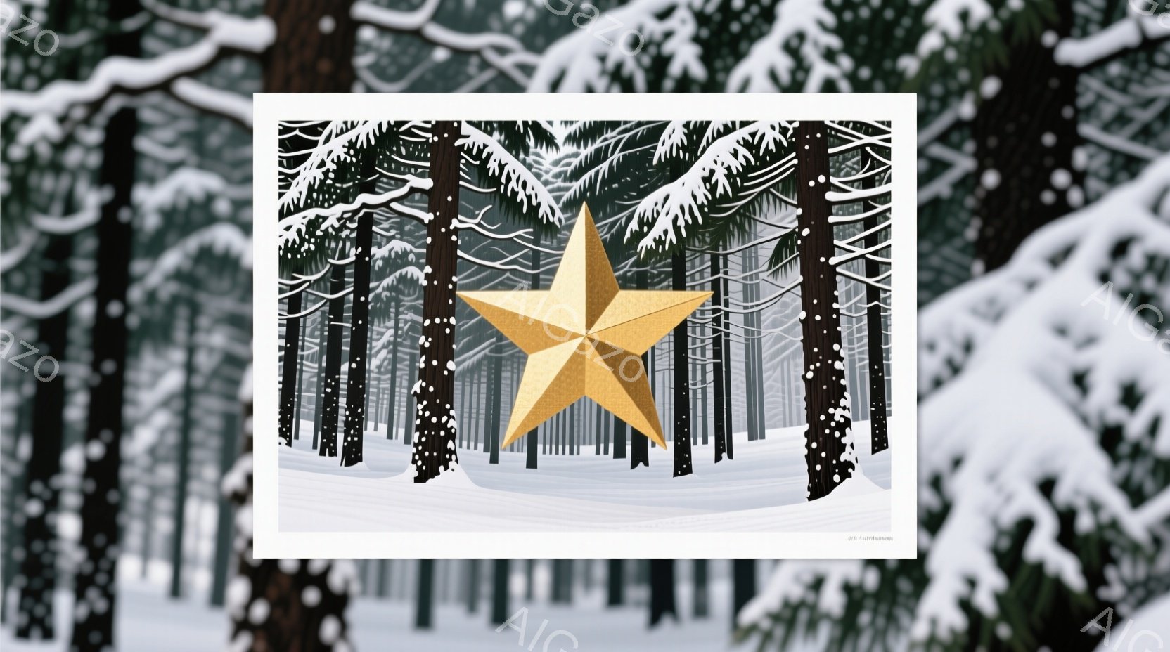 白い雪景色の中に、切り株のような幹を持つ暗い木々が密集しており、その中央に黄金色の星形オブジェクトが浮かんでいる。雪は降り積もり、木々の枝に覆われている様子が描かれ、冬の静寂と厳しさを感じさせる。光沢のある星形は、この静かな風景の中で異質な存在感を放ち、希望や輝きを象徴しているように見える。