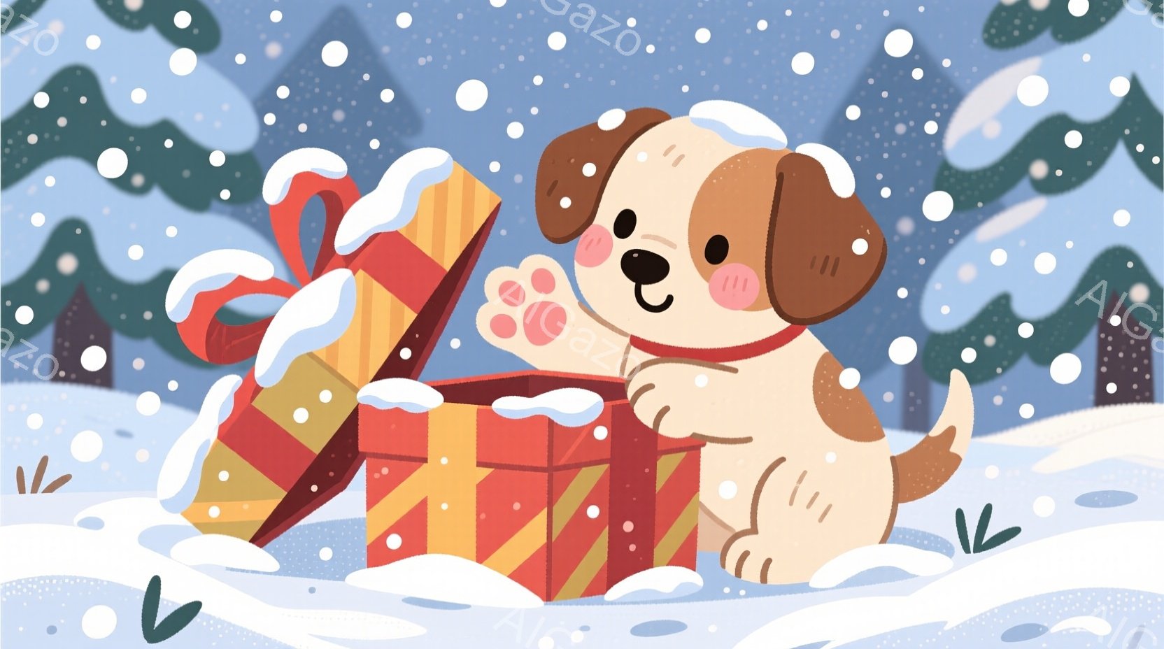 白い雪景色の中に、プレゼントの箱から顔を出している子犬が描かれています。子犬は茶色と白の毛並みで、ピンクの鼻と頬を持っており、喜びと好奇心に満ちた表情をしています。背景には緑の木々と雪の降る様子が描か - AI生成フリー素材