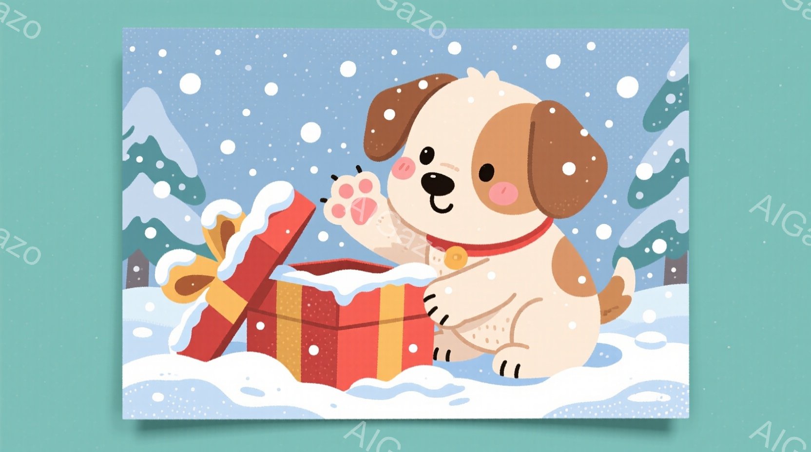 白い毛並みの小さな犬が赤いギフトボックスから何かを取り出そうとしています。犬は首輪をつけており、表情は喜びにあふれていて、冬の雪景色の中で可愛らしい姿を見せています。背景には雪の降る木々があり、全体的 - AI生成フリー素材