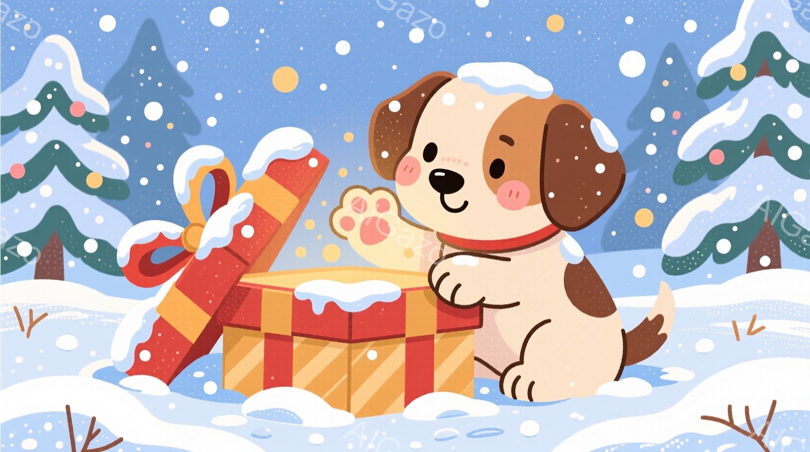 雪が降る冬の風景の中に、プレゼントボックスを開けようとしている子犬が描かれています。子犬は茶色と白の毛並みで、好奇心と喜びにあふれた表情をしています。背景には雪に覆われた木々と、雪の結晶が舞う冬の景色 - AI生成フリー素材