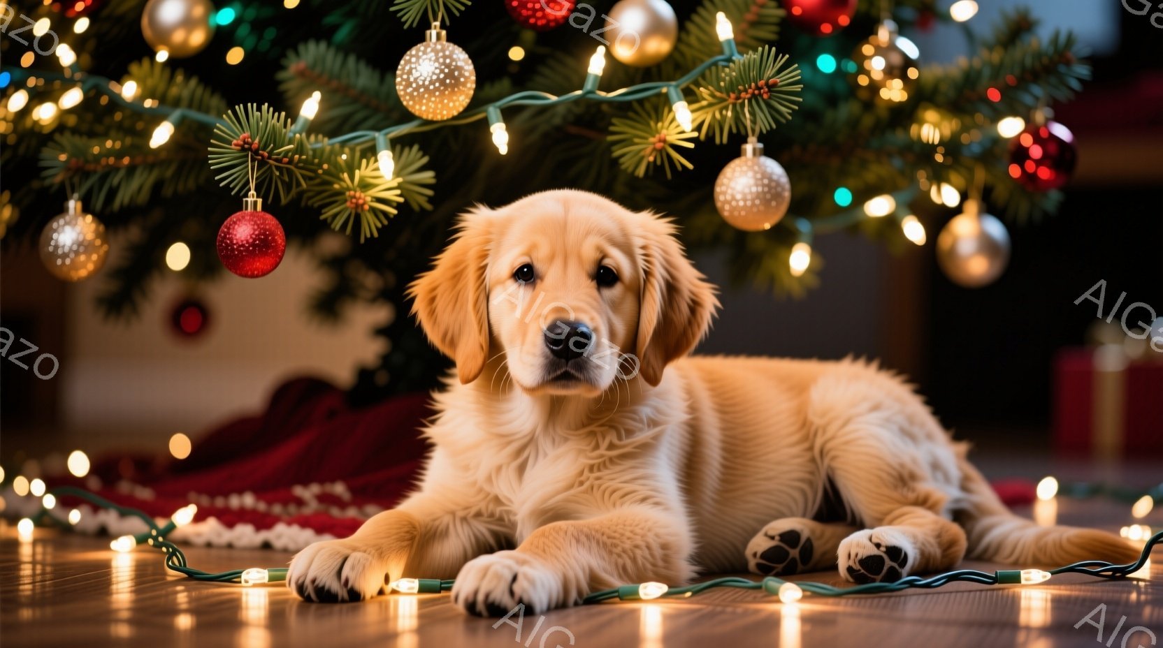 明るい木製の床に、金色のレトリバーの子犬が横たわっています。クリスマスの飾り付け、特に緑のガーランドと様々な色のオーナメントが背景にあり、暖かくお祝いの雰囲気を醸し出しています。子犬はリラックスした様 - AI生成フリー素材