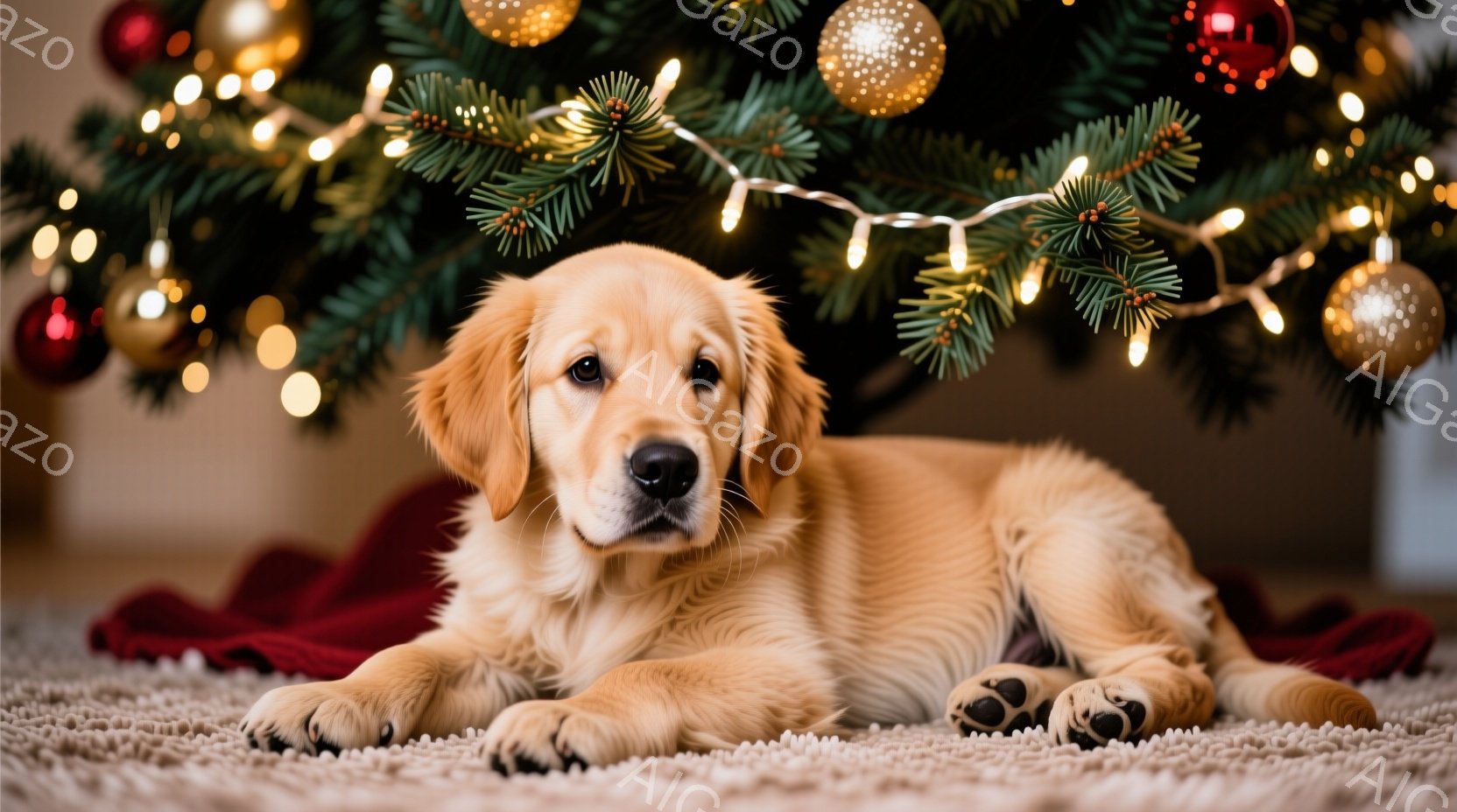 ゴールデンレトリバーの子犬が、カーペットの上に横たわっています。背景には、飾り付けられたクリスマスツリーと、輝く電飾が見えます。暖かく、居心地の良い、お祝いの雰囲気が漂っています。 - AI生成フリー素材