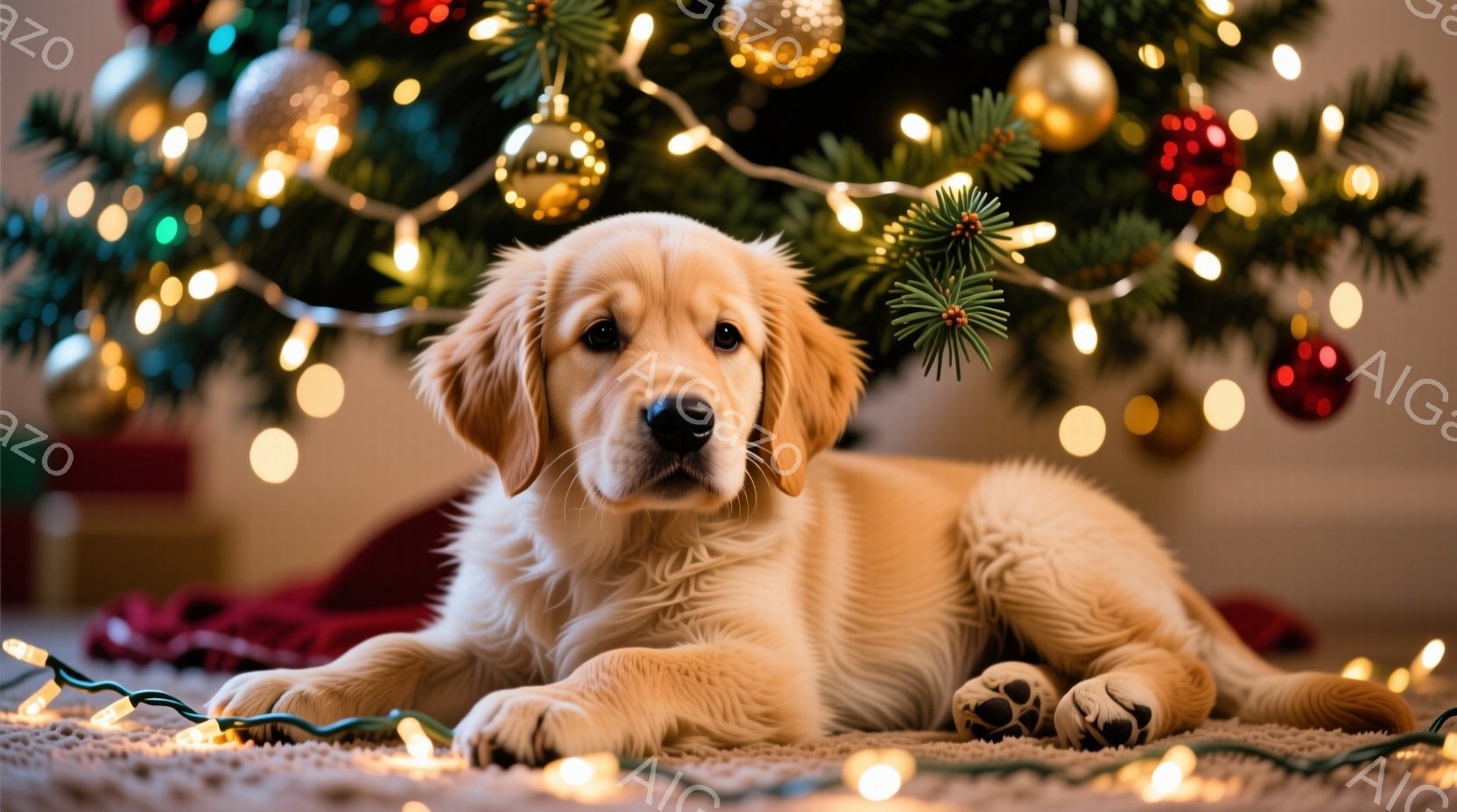明るい色のゴールデンレトリバーの子犬が、クリスマスツリーの下でリラックスして横たわっています。子犬は毛並みが柔らかく、まっすぐカメラを見つめており、小さな黒い肉球がはっきりと見えます。背景には、キラキ - AI生成フリー素材