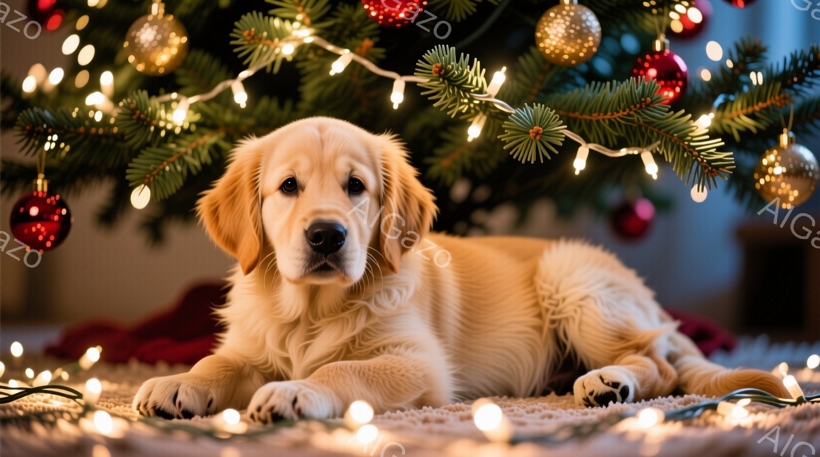 黄金色の毛並みのゴールデンレトリバーの子犬が、赤い毛布の上でリラックスして横たわっています。背景にはクリスマスツリーが飾られており、温かい光で照らされています。全体的に、暖かく、平和で、お祝いの雰囲気を感じさせます。