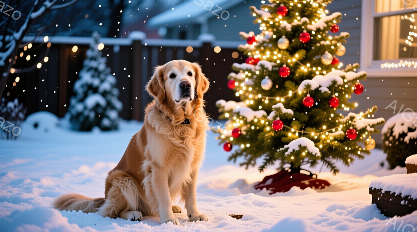 金色のレトリバーが雪の上に座っており、穏やかな表情でカメラを見つめている。背景には、装飾されたクリスマスツリーと、雪に覆われた家屋や庭が見える。全体的に温かく、穏やかな冬の雰囲気が漂っている。 - AI生成フリー素材