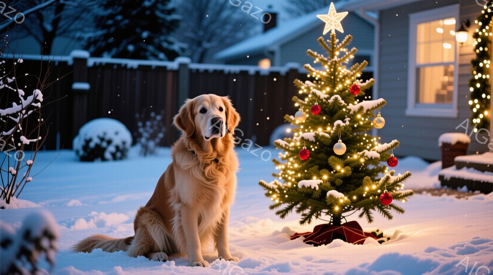 雪景色の中で、ゴールデンレトリバーが正面を向き、座ってこちらを見ています。背景には、イルミネーションが輝く家と、飾り付けられたクリスマスツリーがあり、暖かく穏やかな雰囲気を醸し出しています。雪は降り積 - AI生成フリー素材