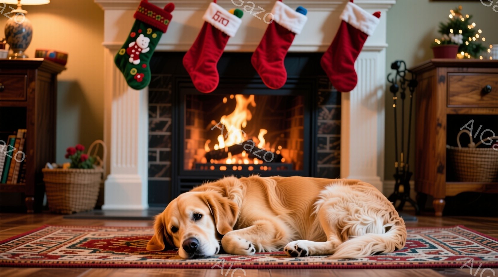 暖炉の前でリラックスした金色のレトリバーが、赤いペルシャ絨毯の上で横たわっています。暖炉には火が灯っており、赤いクリスマスソックスが暖炉の棚に飾られています。部屋全体が温かく、居心地の良い雰囲気で、ク - AI生成フリー素材