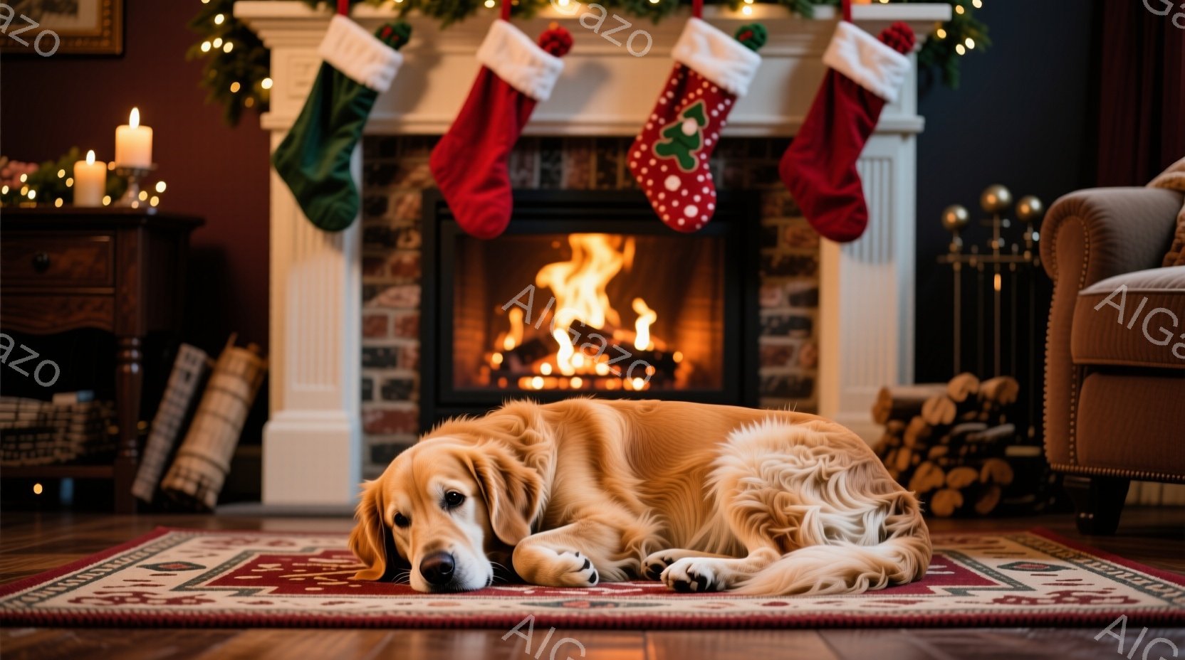 暖炉の前で金色のレトリバーが赤い絨毯の上で横たわっています。暖炉には火が燃えており、暖かく心地よい雰囲気を醸し出しています。クリスマスソックスが暖炉の上に飾られており、背景には木製の家具が見え、全体的 - AI生成フリー素材