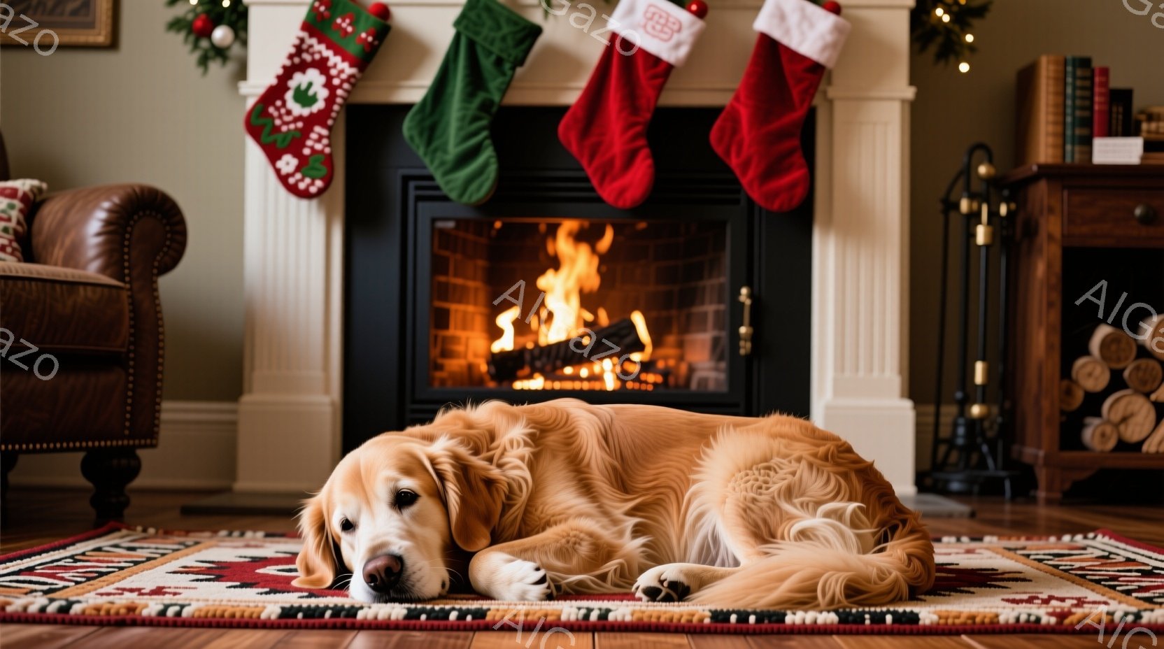 暖炉の前で金色のレトリバーがリラックスして横たわっています。クリスマス柄の靴下が暖炉の上に飾られており、木の床に敷かれたカラフルなラグの上に犬がいます。暖炉の炎が暖かく、居心地の良い雰囲気を醸し出して - AI生成フリー素材