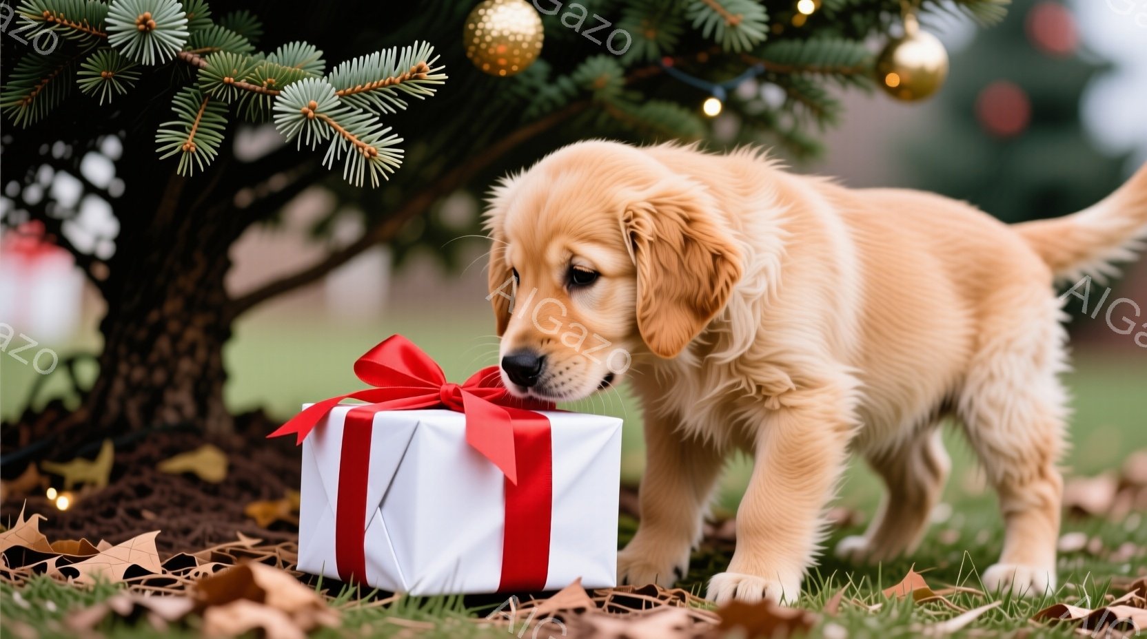 金色のレトリバーの子犬が、赤いリボンで飾られた白いプレゼントの箱に鼻を近づけています。背景にはクリスマスの飾り付けがされた木があり、地面には落ち葉が広がっています。温かい光と自然の中で、幼い好奇心と期待感に満ちた、穏やかで可愛らしい雰囲気です。