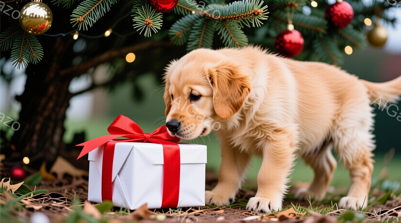 黄金色の毛並みのゴールデンレトリバーの子犬が、赤いリボンで結ばれた白いプレゼントボックスの前に佇んでいます。子犬は鼻をプレゼントに近づけ、興味津々な表情を浮かべています。背景には、装飾されたクリスマス - AI生成フリー素材