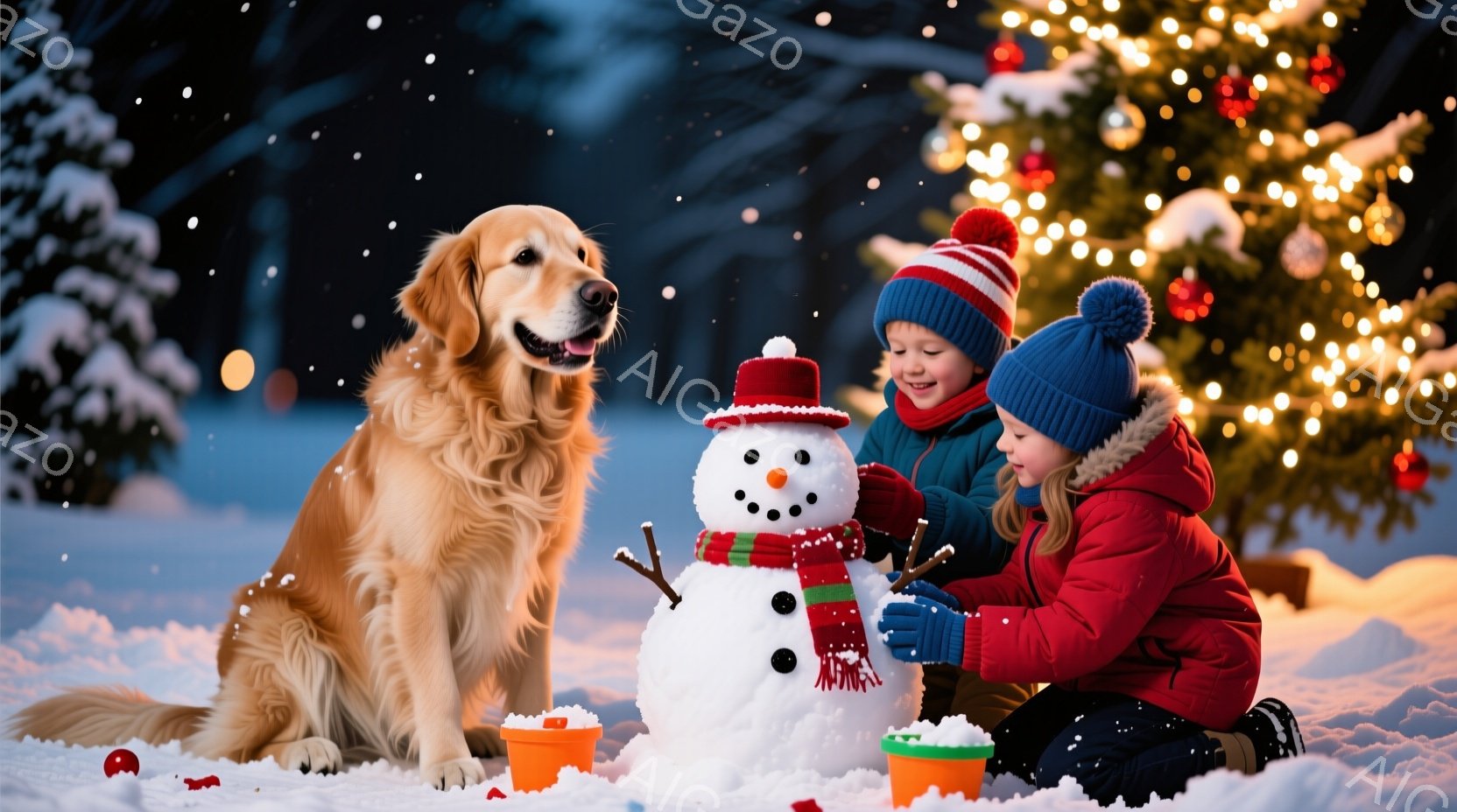 雪が降る庭で、ゴールデンレトリバーが勢いよく駆けている姿が捉えられています。その表情は非常に楽しそうで、口角が上がり、舌が少し出ています。背景には、雪で覆われた植物、クリスマスガーランド、そして暖色系 - AI生成フリー素材