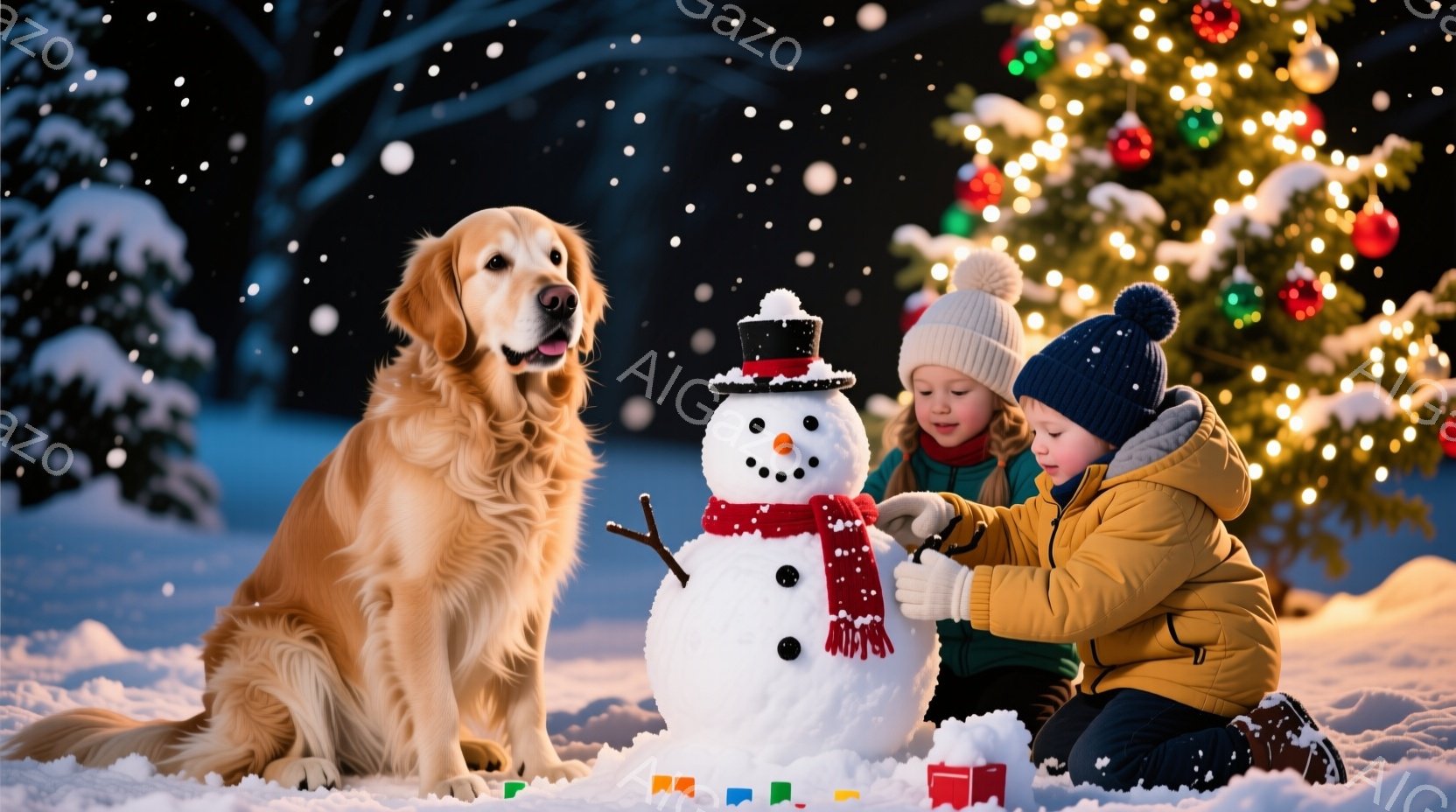 雪が降る中で、少年少女が雪だるまを作っています。少年は黄色いジャケットと紺色の帽子をかぶり、雪だるまに腕を作っています。少女は白い帽子をかぶり、嬉しそうに雪だるまを見ており、背景にはクリスマスツリーが - AI生成フリー素材