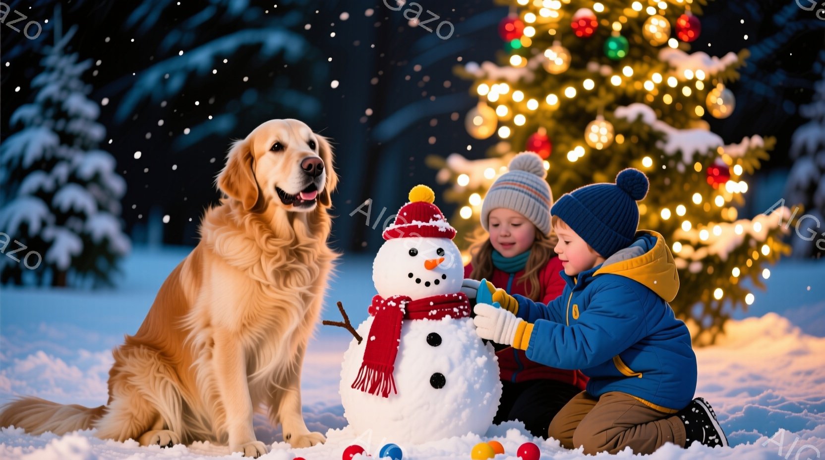 雪景色の中で、少年と少女が雪だるまを作っています。少年は青い帽子と黄色いジャケットを着て、雪だるまに目や口をつけており、少女はピンクの帽子をかぶり、雪だるまの周りにひざまずいています。背景にはキラキラ - AI生成フリー素材