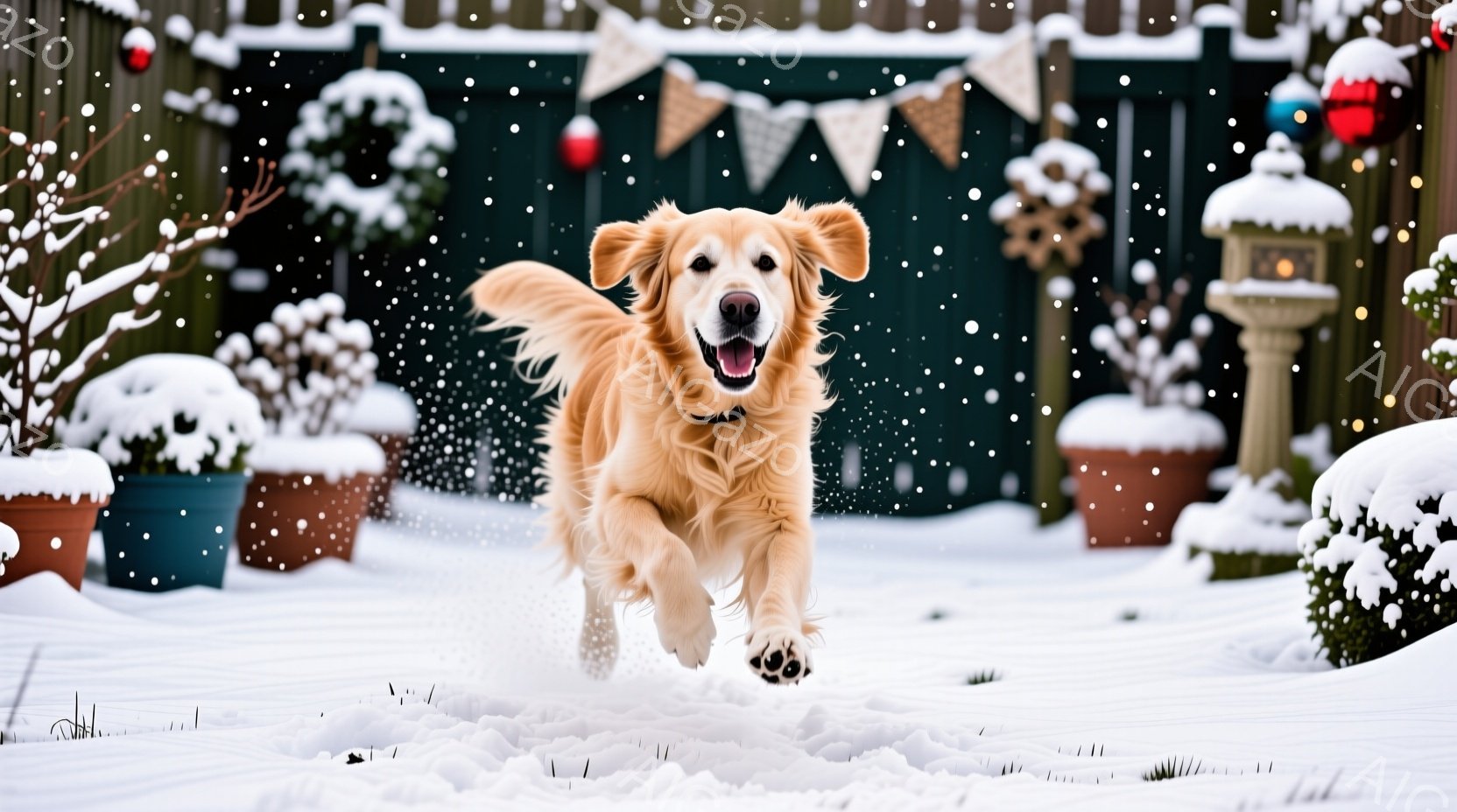 雪が降る庭で、ゴールデンレトリバーが勢いよく走っている。背景には、クリスマス飾りが施されたフェンスと、雪で覆われた植木鉢が並び、冬の温かく楽しい雰囲気が漂っている。犬は口を開けて笑顔で走り、その活発な姿が雪景色の中で際立っている。