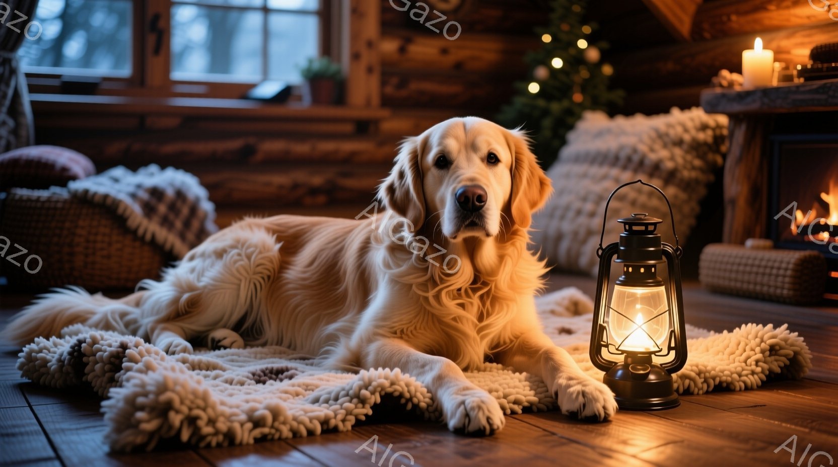 暖炉のある木の床に、ゴールデンレトリバーがリラックスして横たわっています。周りにはふわふわの白いラグが敷かれ、アンティーク風のランタンが置かれ、温かく心地よい雰囲気を醸し出しています。背景にはクリスマ - AI生成フリー素材