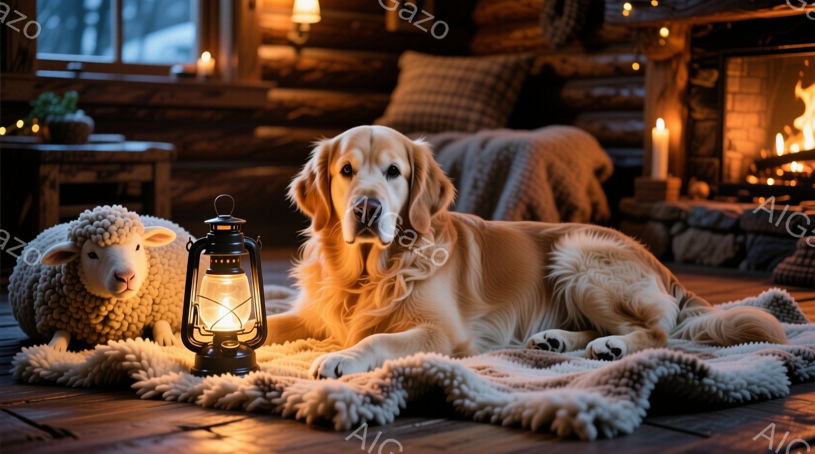 暖炉のある木造コテージの床に、ゴールデンレトリバーがリラックスして横たわっています。そばには、柔らかい毛並みの白い羊のぬいぐるみと、点灯したオイルランプが置かれています。暖炉の火とランプの光が、部屋全体を温かく照らし、穏やかで心地よい雰囲気を醸し出しています。