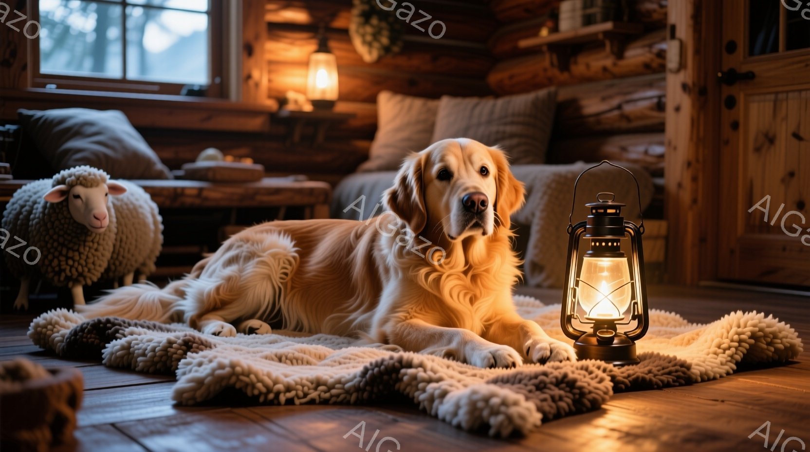 暖炉のある木製の部屋で、金色の毛並みの犬がふわふわのラグの上に横たわっています。犬はリラックスした表情で、正面を見ています。部屋には、ランプや装飾品が置かれ、温かく落ち着いた雰囲気を醸し出しています。