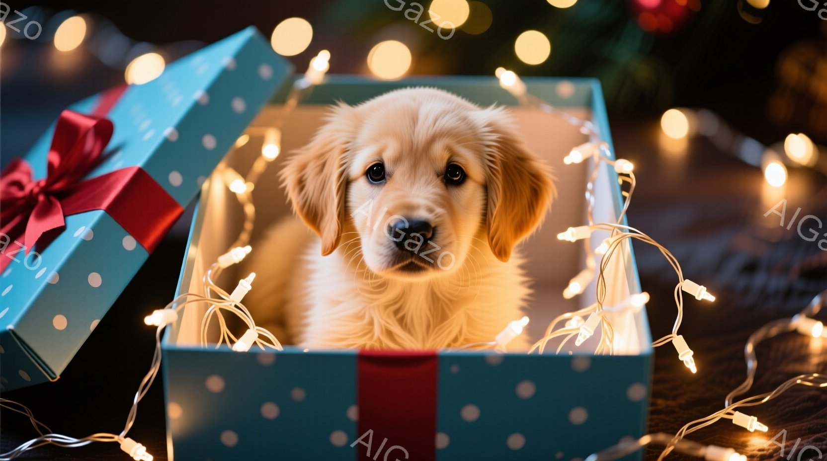 金色のパピーが、水色のドット模様のギフトボックスの中に座っています。周りには温かい光を放つクリスマスライトが巻き付けられ、箱の隣には赤いリボンがついた別のギフトボックスがあります。全体的に暖かく、お祝 - AI生成フリー素材