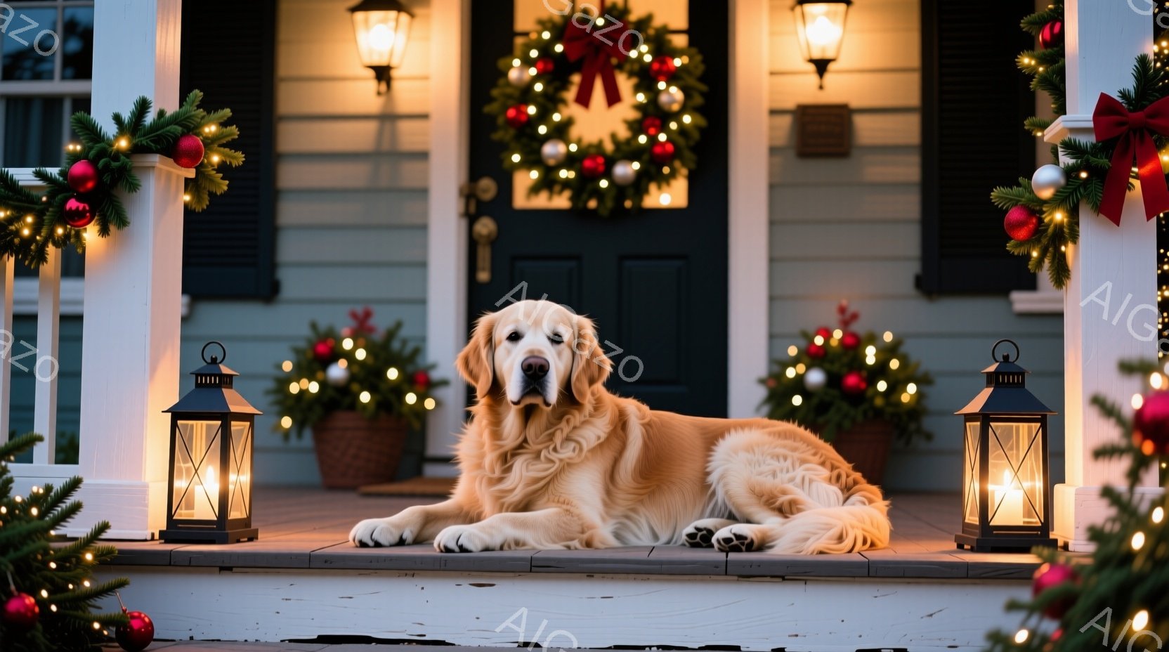 白い柵に沿ってクリスマスの装飾が施された玄関先に、ゴールデンレトリバーが横たわっています。犬はリラックスした表情で、明るい光が灯るランタンと、赤い実の付いたクリスマスのリース、そして装飾された植物に囲 - AI生成フリー素材