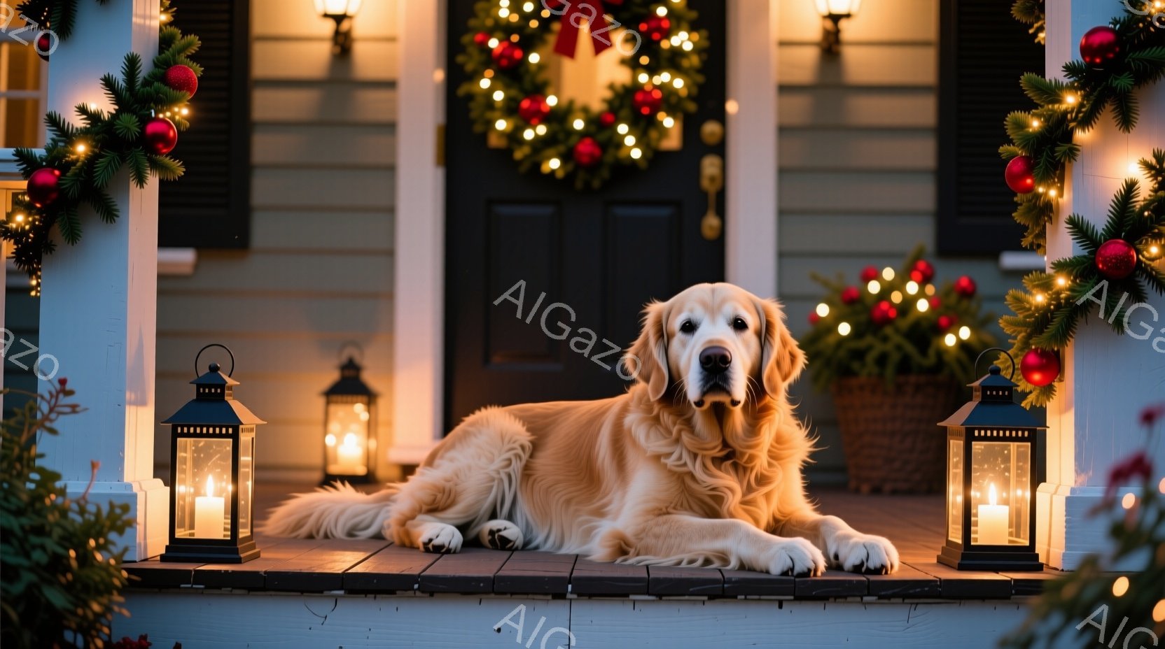 黄金色のレトリバー犬が、クリスマスの飾り付けがされた玄関の段差に横たわっています。背景には、クリスマスリース、キャンドルが灯されたランタン、そして赤い実がつけた植物が見え、温かみのあるクリスマスの雰囲 - AI生成フリー素材