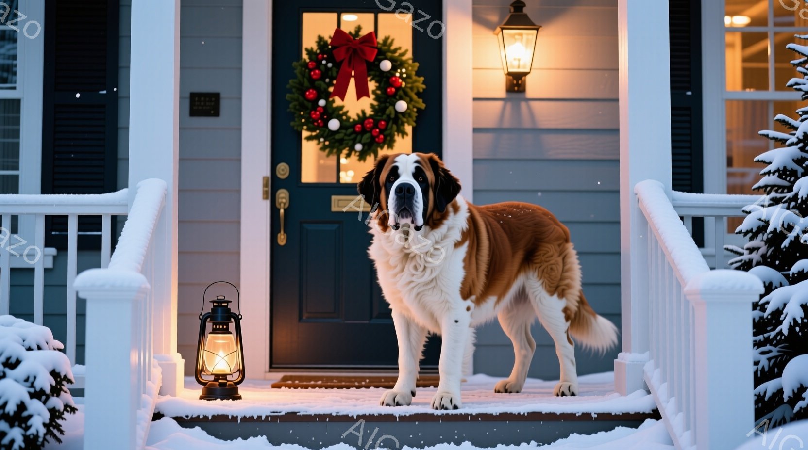 雪が降り積もった家の階段に、大きなセント・バーナード犬が堂々と立っている。正面のドアにはクリスマスリースが飾られ、階段には点灯したランタンが置かれていることで、温かく穏やかな冬の雰囲気が漂う。犬は自信に満ちた表情で、まるで家の番人のように見える。