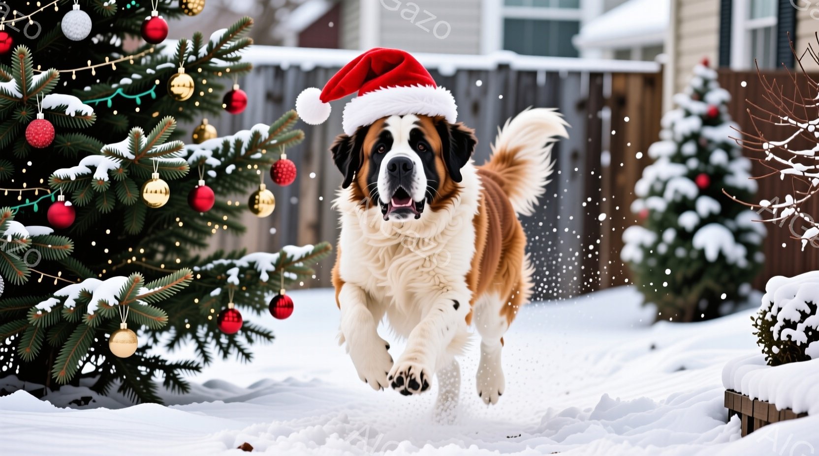 大きなセントバーナード犬が、暖炉のある木の床に毛布の上で横たわっています。犬は穏やかな表情で、落ち着いた雰囲気の中でリラックスした様子です。背景には、木製の壁、暖炉、そしてぼんやりと見える窓があり、暖 - AI生成フリー素材