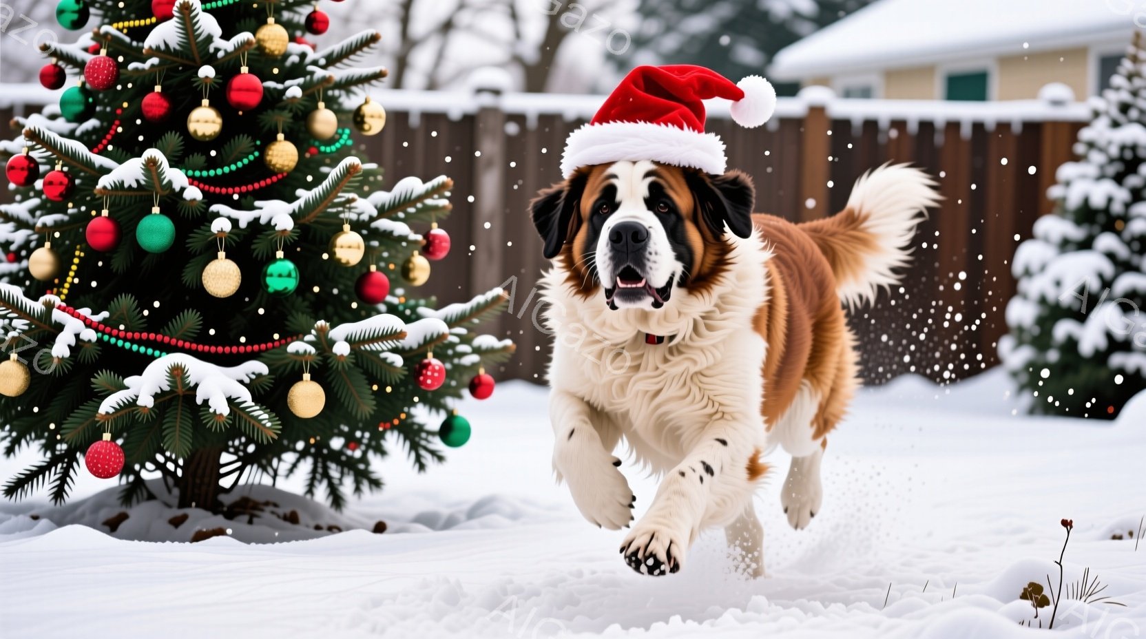 白い雪が降り積もる庭で、サンタ帽を被った大きな犬が楽しそうに走っている。背景にはクリスマスツリーが飾られ、白いフェンスと建物が見える。全体的に暖かく、お祝いの雰囲気があり、冬の喜びを感じさせる。 - AI生成フリー素材