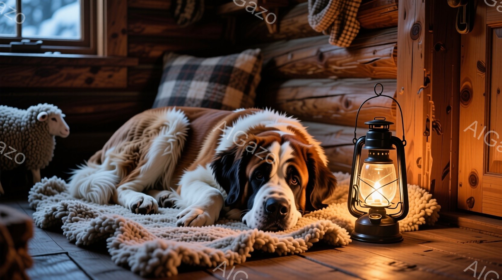 大きなセント・バーナード犬が、木の床に敷かれた厚い編み物の敷物の上で横たわっています。背後にはログハウスの壁と、チェック柄のクッションが置かれた木製のベンチが見え、暖炉の温かい光と、外の雪景色が窓から - AI生成フリー素材