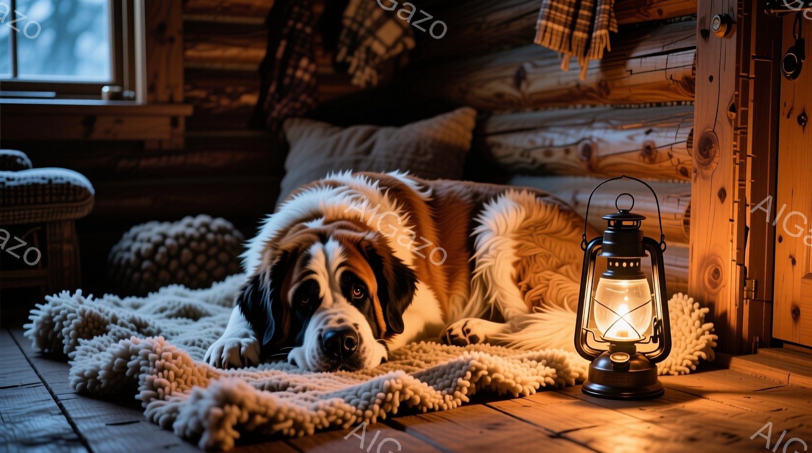 大きなセント・バーナード犬が、ふわふわの白いラグの上に横たわっており、やや退屈そうな表情をしている。背景は木製の壁で、部屋全体が暖かく、落ち着いた雰囲気で、近くには明かりを灯したランタンが置かれている - AI生成フリー素材