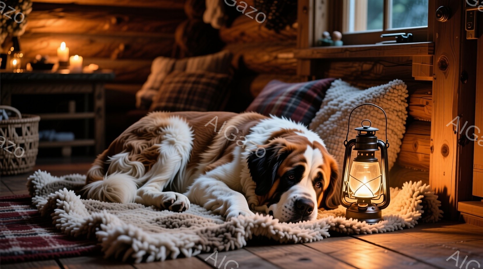 暖炉のある木の床に、大きなセントバーナード犬が毛布の上で横たわっています。犬はリラックスした表情で、落ち着いた様子が伝わってきます。背景には窓と枕が配置され、柔らかい光と暖炉の灯りが、居心地の良い、穏 - AI生成フリー素材