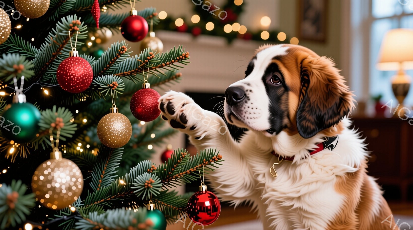 大柄なセント・バーナード犬がクリスマスツリーの枝に手を伸ばし、赤いオーナメントに触れようとしています。犬は茶色と白の毛並みで、赤い首輪をしています。背景にはぼやけたクリスマスデコレーションと暖炉が見え - AI生成フリー素材