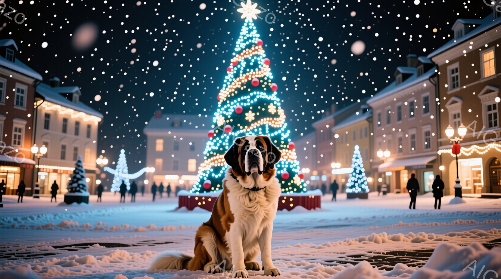 雪が舞う夜の広場に、セントバーナード犬が座っています。犬は穏やかな表情で正面を見つめ、ふさふさとした毛並みが特徴的です。背景には、クリスマスツリーやイルミネーションで飾られた建物が並び、冬の暖かい雰囲 - AI生成フリー素材