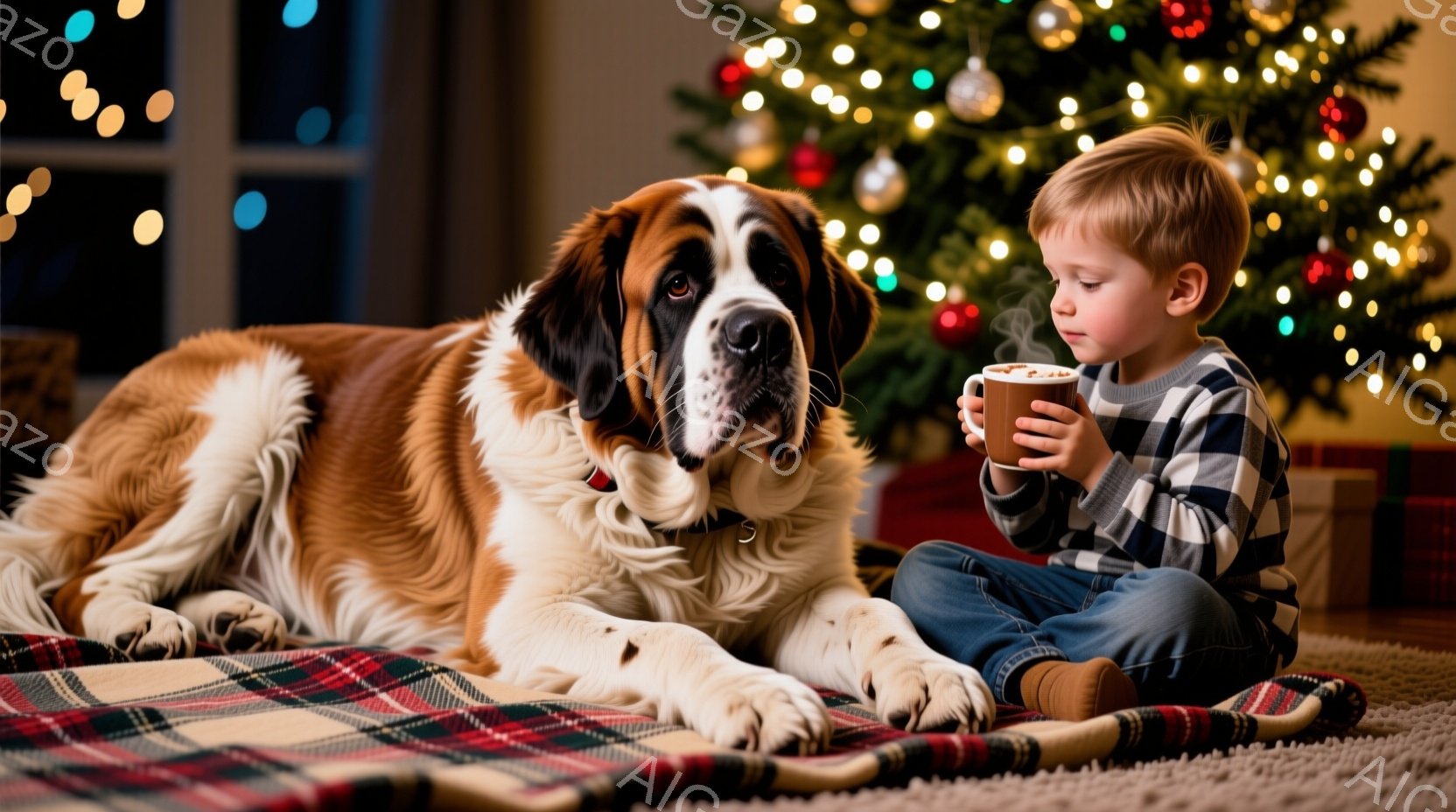 少年は床に座り、温かい飲み物を手に持っています。大きなセントバーナード犬が少年の隣で横たわり、リラックスした様子を見せています。背景にはクリスマスツリーが飾られ、温かく幸せな家庭の雰囲気が漂っています - AI生成フリー素材