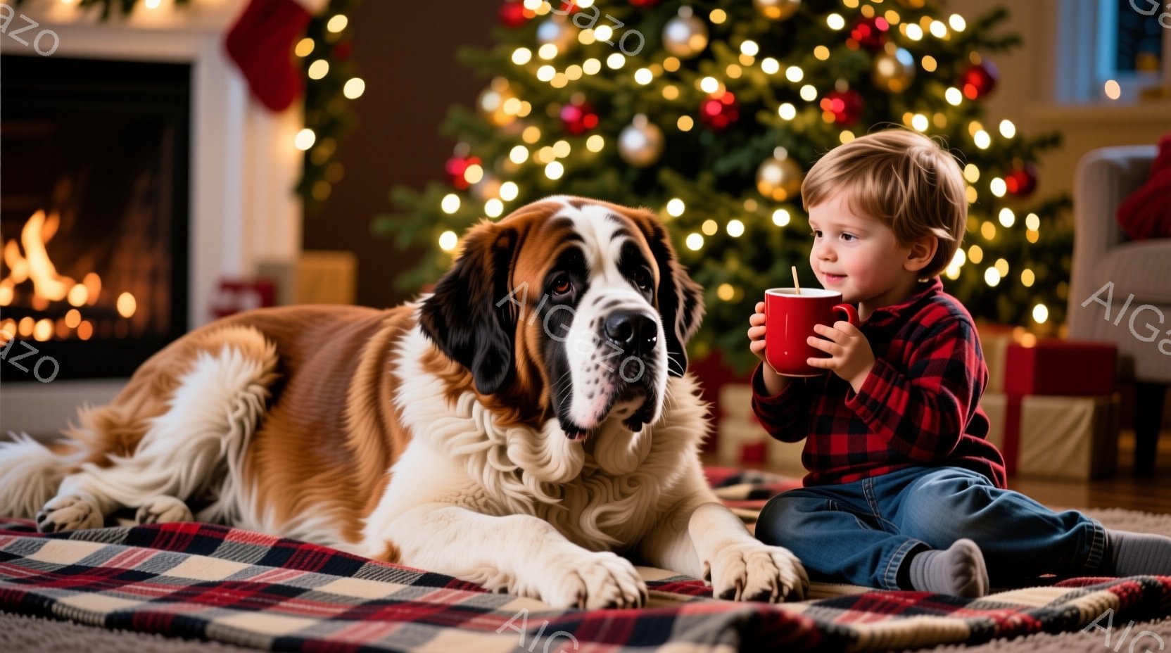 赤いチェックの毛布の上に、大きなセント・バーナード犬が横たわり、小さな男の子がホットドリンクを手に持っています。男の子は赤いチェックのシャツとジーンズを着ており、少し微笑んでいます。背景にはクリスマス - AI生成フリー素材